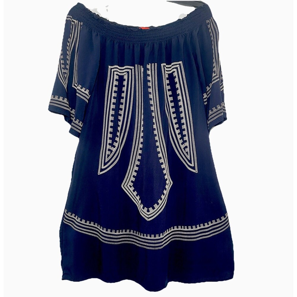 Chelsea & Violet XL Off Shoulder Navy Geometric Print Rayon Shift Mini Dress - Picture 2 of 7